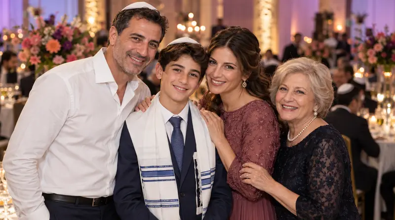 משפחה שמחה בבר מצווה: נער עם כיפה וטלית, הוריו וסבתו מחייכים באולם האירועים